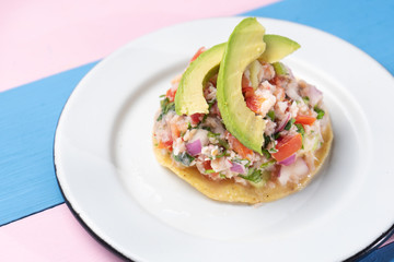 Mexican fish  ceviche with avocado on colorful background