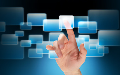 finger touching a wirtual button on a virtual fluttering touchscreen