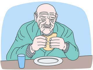 Eating bread old wrinkled man, vector illustration
