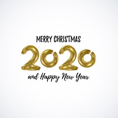 Vector 2020 hand written Gold lettering isolated on white. Shiny Merry Christmas, Happy New Year card. Font for Xmas, Noel winter holiday. Typography texture, postcard.