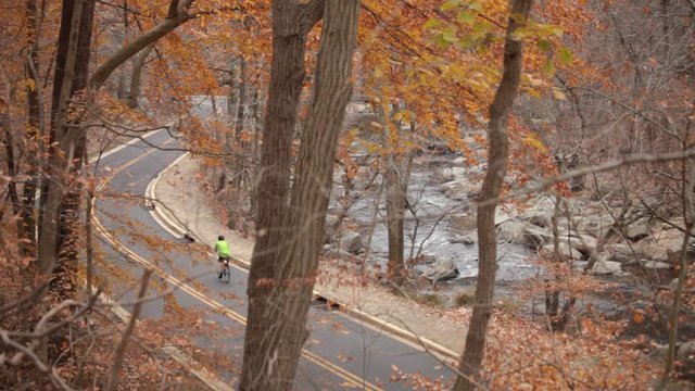 Southbound bicyclists, a runner and a roller blader on Beach Drive next to Rock Creek, wide shot - Rock Creek Park - Washington, DC - Autumn