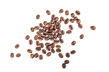 Heap of coffee beans on white background. Top view, flat lay