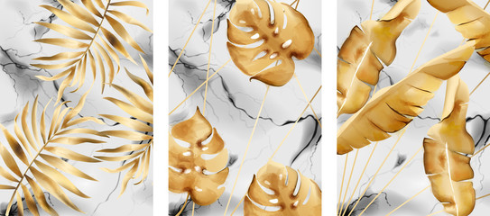 Set of marble backgrounds with golden leaves and cracks. Vector