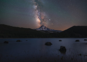 Milky Way Galaxy over Hood Mountain and Laurance Lake in Oregon