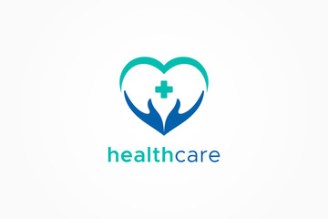Healthcare Icon Medical Pharmacy Logo. Heart and Hand with cross sign inside. Vector Logo Design Template Element