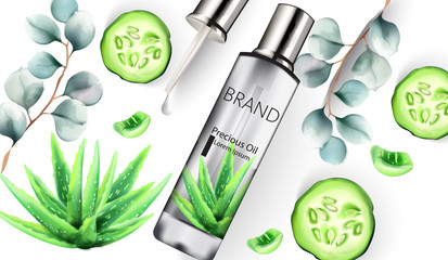 Aloe Vera silver bottle with precious oil inside. Dropper, Cucumber and leaves decorations. Vector