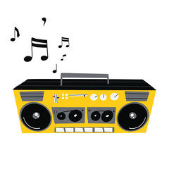 Yellow cassette tape recorder. Old Boombox. Musical technique. Vector illustration. 