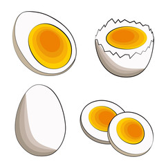 A set of four soft-boiled eggs - half, in shell, sliced and whole. Vector stock illustration in flat cartoon style on a white background. Suitable for web, icons and banner.