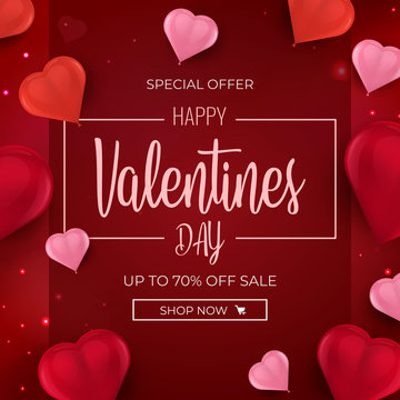 Happy Valentine's Day holiday banner with 3d red and pink air balloons