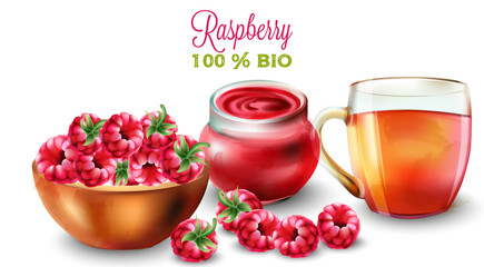 Raspberry tea and jam in watercolor style. Fruits in pot. Vector