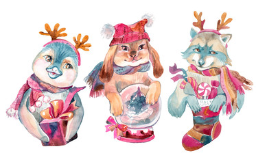 Christmas set of watercolor animals: penguin, raccoon and rabbit.