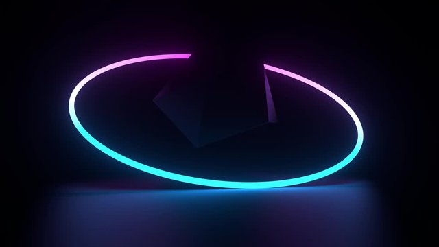 3d render of platonic geometry and neon ring near above reflection floor. Glow neon objects.
