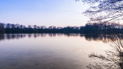 Fototapeta premium Landschaft mit von Bäumen gesäumten See bei Sonnenuntergang
