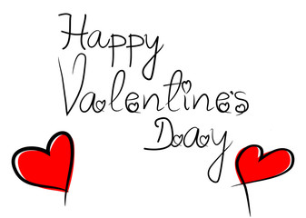 Hand Drawn Lettering Happy Valentines Day Isolated On White Background,Vector. Happy Valentines Day Calligraphy For Greeting Card,Poster And Saint Valentine Day 14th Of February. Hand Drawn Red Hearts