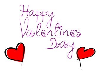 Hand Drawn Lettering Happy Valentines Day Isolated On White Background,Vector. Happy Valentines Day Calligraphy For Greeting Card,Poster And Saint Valentine Day 14th Of February. Hand Drawn Red Hearts