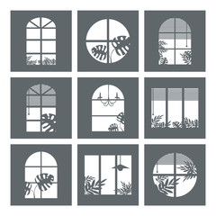 Collection of windows silhouette of various designs isolated. Window city at night. Vector illustration of apartment blocks with windows, in which silhouettes of tropical and home plants and curtains.