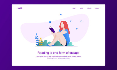 Illustration of women reading a book while sitting on the ground with nature background. Modern flat design concept, landing page template.
