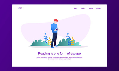Illustration of man reading a book while standing with nature background. Modern flat design concept, landing page template.