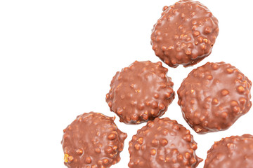 Six сookies with chocolate icing on white background, isolated, copy space, top view
