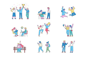 Different people line art vector set. Happy people spending time together. Talking, walking, making selfie, chatting. Friendship. Flat vector cartoon characters  isolated on white background.