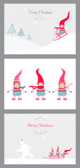 Set vector illustration with cute christmas elves in a striped red hats and funny polar bear with sled. Template for merry christmas and new year cards, greetings, banners or posters.