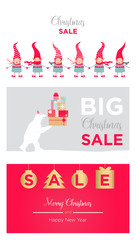 Set vector illustration with Christmas sale banner. Big discount, cute elves and polar bear, gifts. Template for advertising banner, poster, website screen.