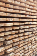 Wooden planks. Air-drying timber stack.