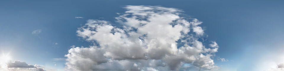 blue sky with beautiful cumulus clouds. Seamless hdri panorama 360 degrees angle view  with zenith for use in 3d graphics or game development as sky dome or edit drone shot