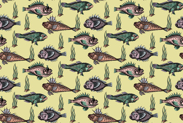 seamless pattern with fishes, hand-drawn fishes