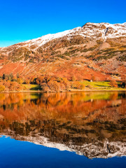 Ullswater lake with snow capped mountains surrounding the second largest lake in the Lake District, Cumbria, UK. Autumn lake reflections on a peaceful day with still waters. 