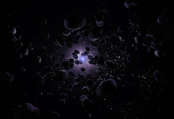 Many asteroids in space 3d rendering © Natalia80