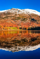 Ullswater, Lake District with mountain reflections in the lake on a calm day with still waters. Snow capped mountains surrounding the second largest lake in the Cumbria, UK.