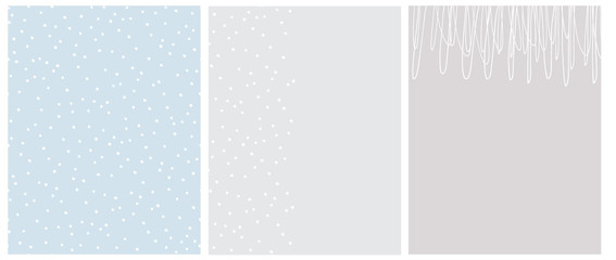 Simple Seamless Dotted Vector Pattern and 2 Layouts. Print with White Irregular Dots on a Light Blue Background. Layouts with White Hand Drawn Childish Style Scribbles and Tiny Dots on a Gray.