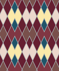 Geometric zigzag seamless pattern. Zigzagging rhombus view texture. Rhomboid diagonal background. Brown, yellow, turquoise vinous colored. Vector. 8 EPS - 306417351