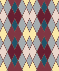 Geometric zigzag seamless pattern. Zigzagging rhombus view texture. Rhomboid diagonal background. Brown, yellow, turquoise vinous colored. Vector. 8 EPS - 306417385