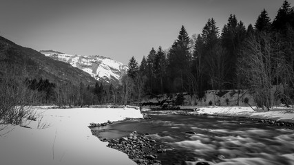 Mountain landscape in black and white, winter, France