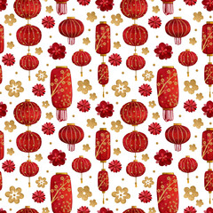 Watercolor seamless pattern with red lanterns and golden elements for the celebration of Chinese New Year 2020.Hand drawn lanterns, golden details, flowers for making cards and for your own design.