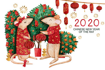Watercolor Chinese New Year 2020 card with a pair of rats. Hand-drawn rats in red costumes and with lanterns in hands.Thare are tangerine trees with red envelopes in the background