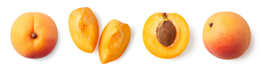 Fresh ripe whole, half and sliced apricot - obrazy, fototapety, plakaty