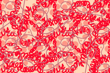 seamless pattern with doodles and dots, peach, orange, red colors