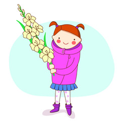 Vector illustration: a little girl holding a large flower.