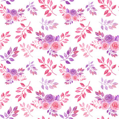 Watercolor seamless pattern with purple and pink roses.