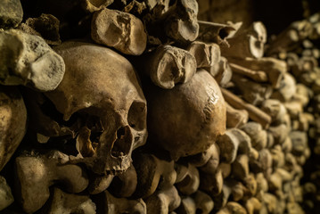 Wall of bones with a row of skulls. Skulls and bones in catacombs. Underground cemetery