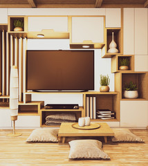 Shelf boxs cabinet tv wooden japanese design on room minimal interior.3D rendering