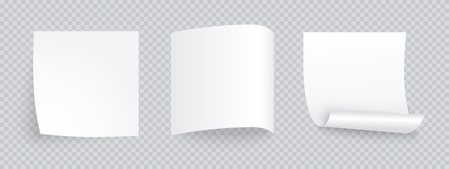 White note sheet of paper set with different shadow. Blank post for message, to do list, memory. Set of vector sticky notes isolated on transparent background.