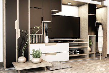 Black and white Cabinet tv mix wardrobe shelf wooden japanese style and decoration plants on shelf.3D rendering