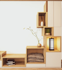 Design Cabinet shelf wooden japanese style on Empty room minimal .3D rendering