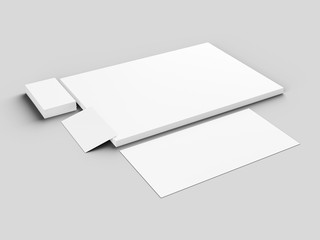 Paper in A4 format with business cards and envelope. Stationery mockup. 3d illustration