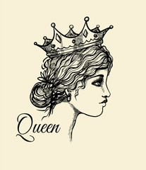 crowned girl in profile isolated, hand-drawn illustration