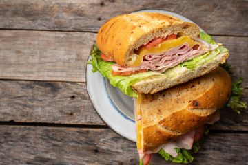 Ham and cheese sub sandwich with artisan bread